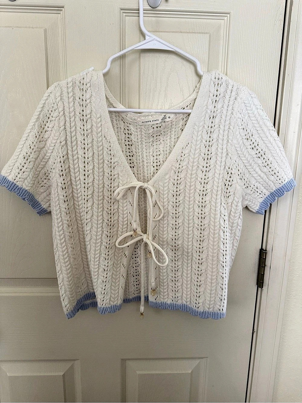 Altar'd State Knit Tie-Front Sweater in Cream & Blue